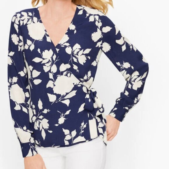 Talbots Tops - Talbots Top Womens Medium Navy Blue Floral Rose Long Sleeve Wrap Sash Shirt M